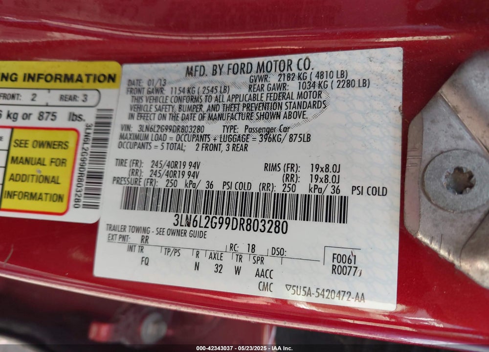 2013 LINCOLN MKZ VIN: 3LN6L2G99DR803280