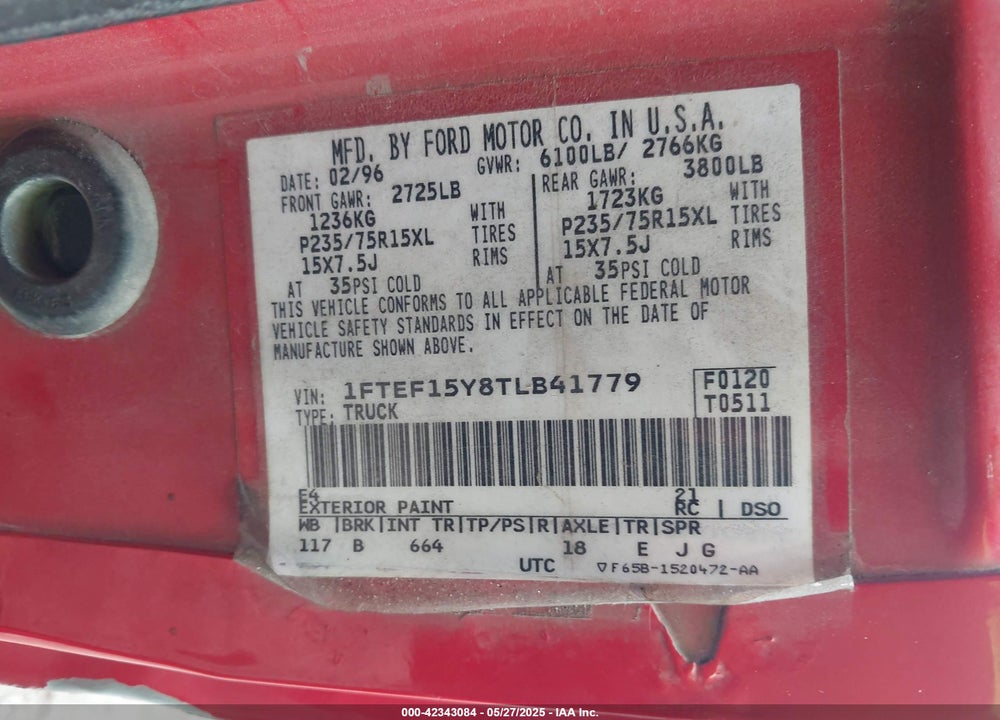 1996 FORD F150 VIN: 1FTEF15Y8TLB41779