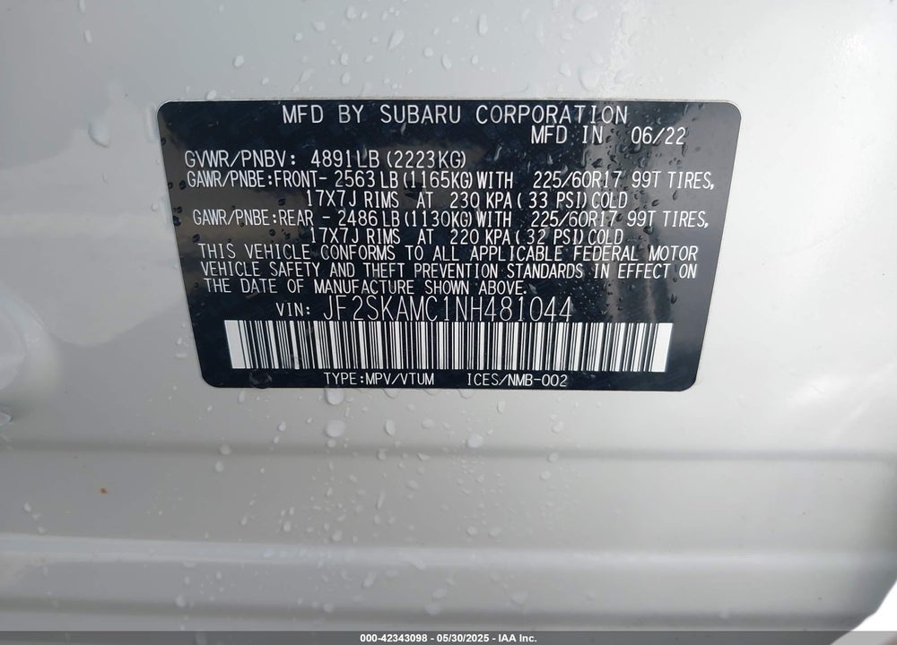 2022 SUBARU FORESTER VIN: JF2SKAMC1NH481044