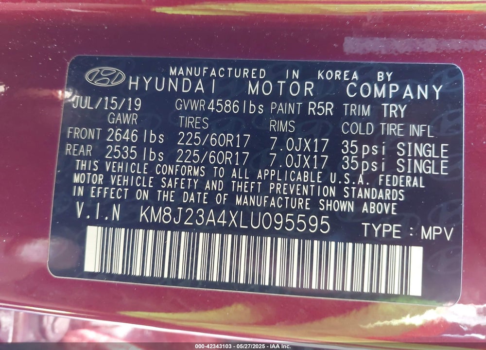2020 HYUNDAI TUCSON SE VIN: KM8J23A4XLU095595
