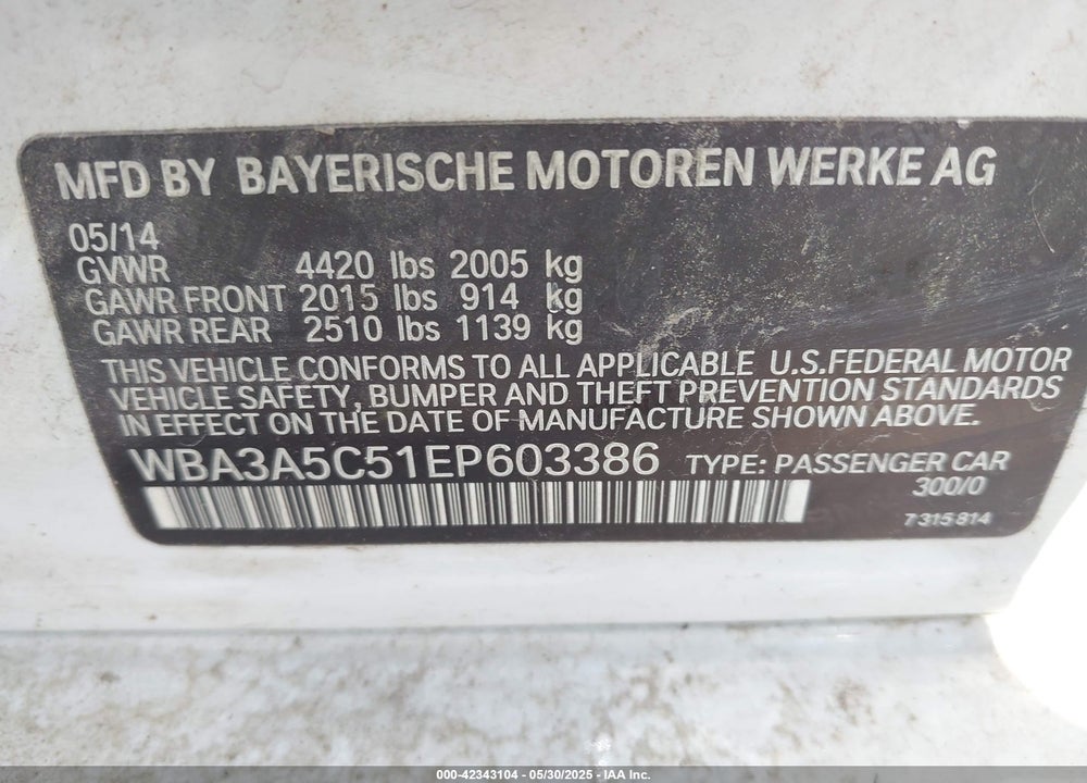 2014 BMW 328I VIN: WBA3A5C51EP603386