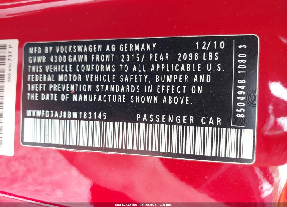 2011 VOLKSWAGEN GTI VIN: WVWFD7AJ8BW183145
