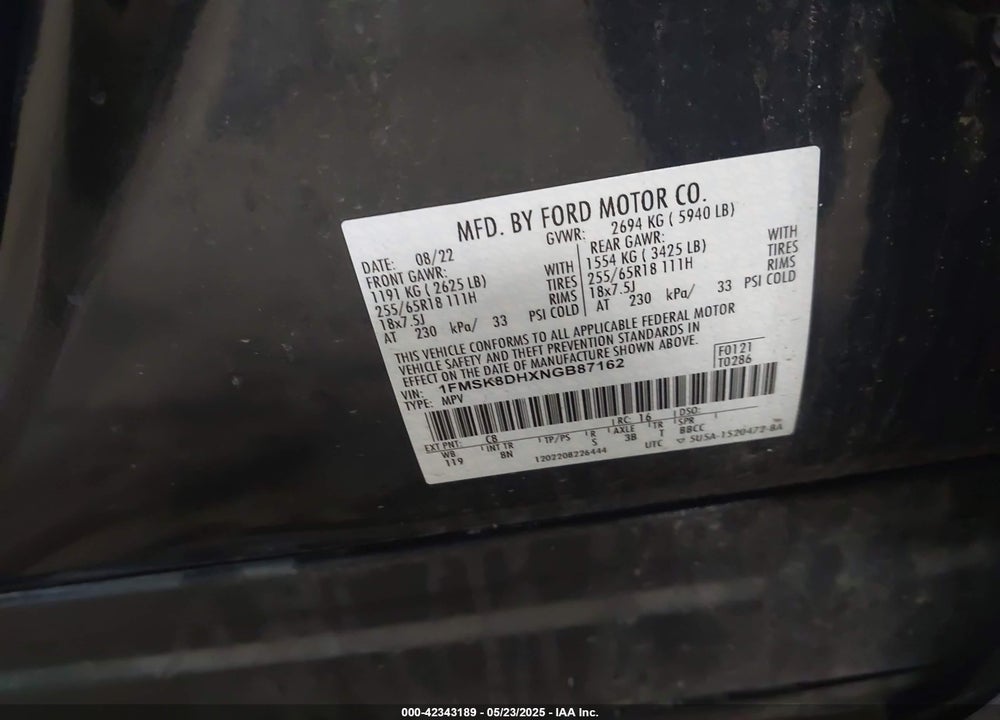 2022 FORD EXPLORER VIN: 1FMSK8DHXNGB87162
