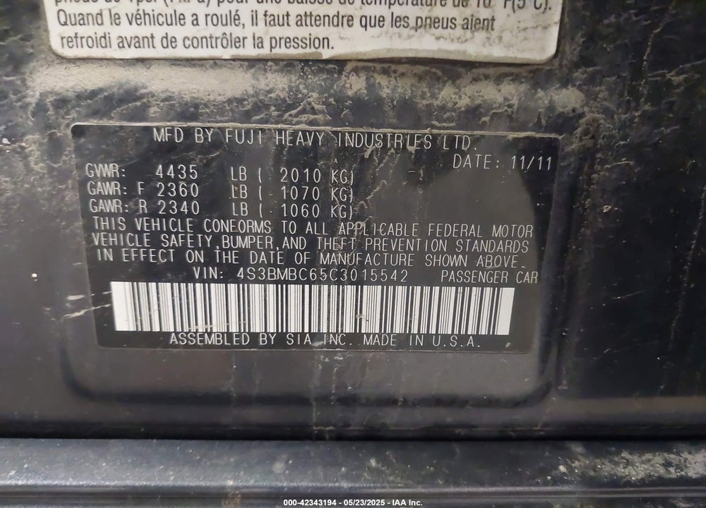 2012 SUBARU LEGACY VIN: 4S3BMBC65C3015542