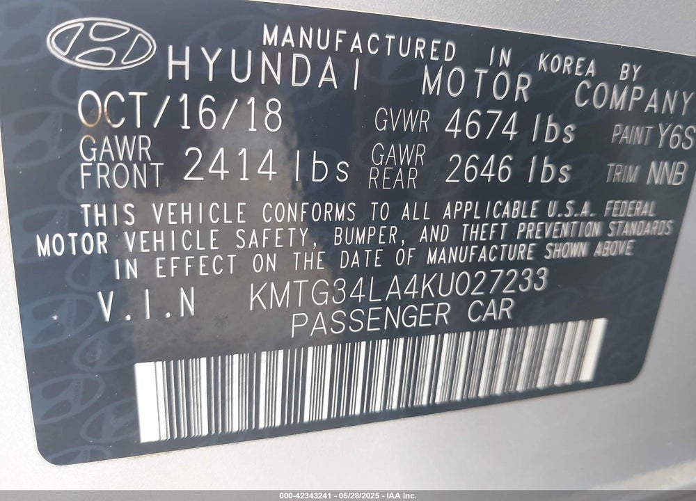 2019 GENESIS G70 2.0T ADVANCED VIN: KMTG34LA4KU027233