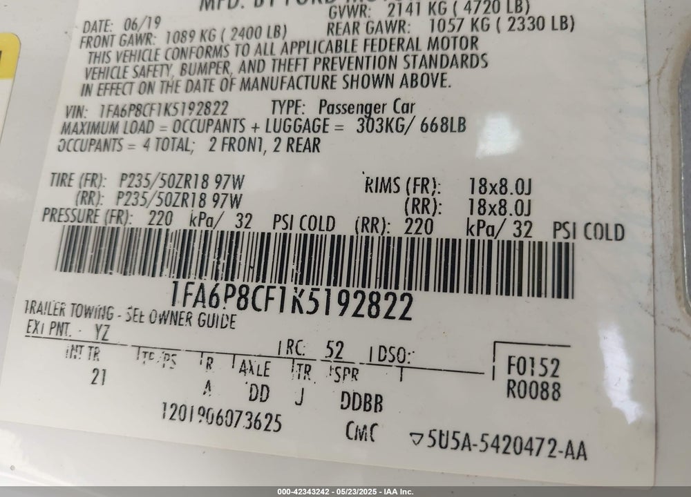 2019 FORD MUSTANG VIN: 1FA6P8CF1K5192822