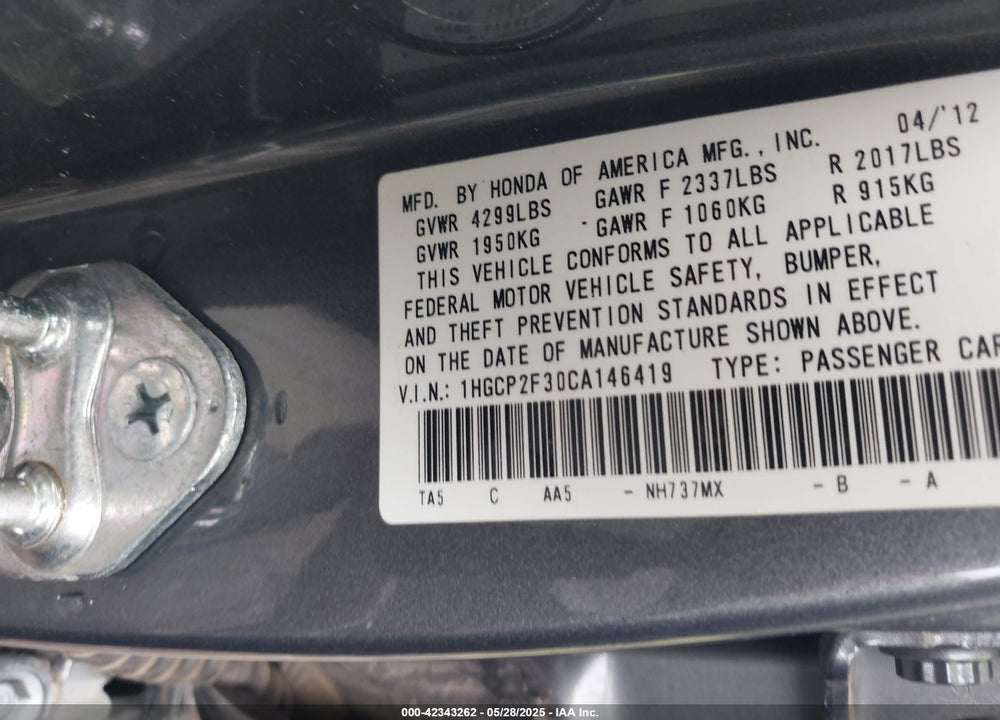 2012 HONDA ACCORD VIN: 1HGCP2F30CA146419