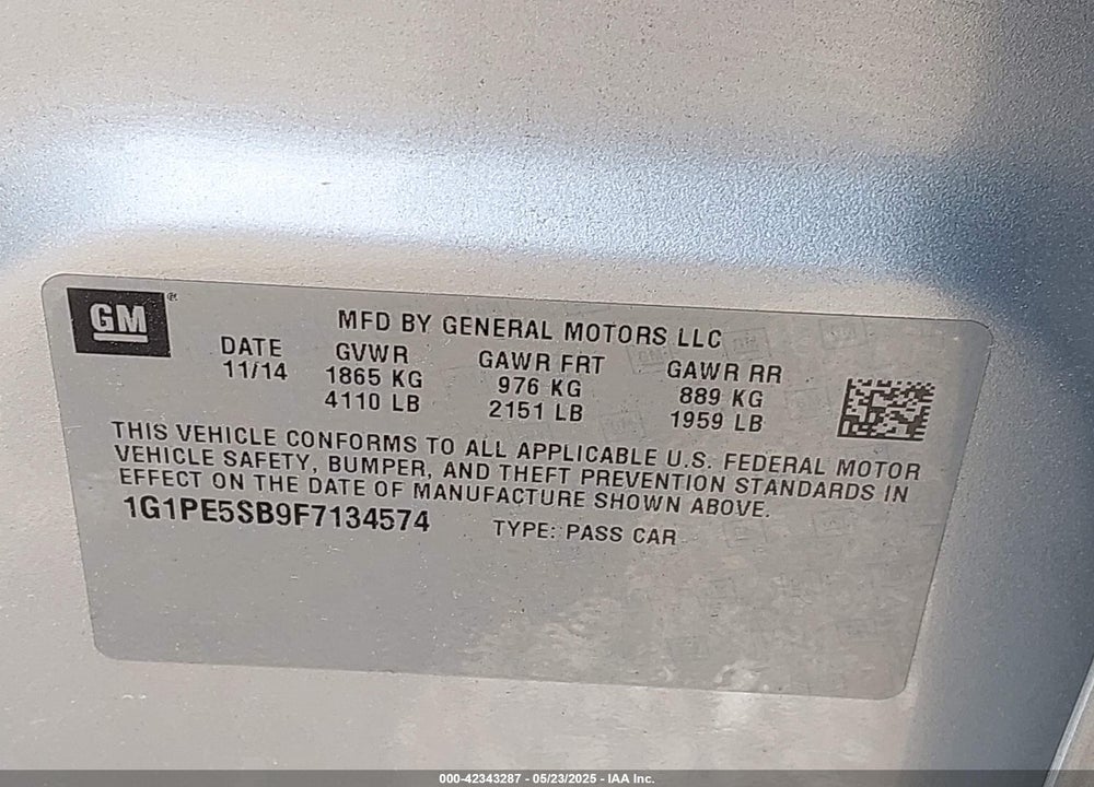 2015 CHEVROLET CRUZE 2LT AUTO VIN: 1G1PE5SB9F7134574