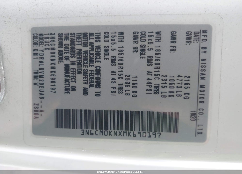 2021 NISSAN NV200  CARGO S XTRONIC CVT VIN: 3N6CM0KNXMK690197
