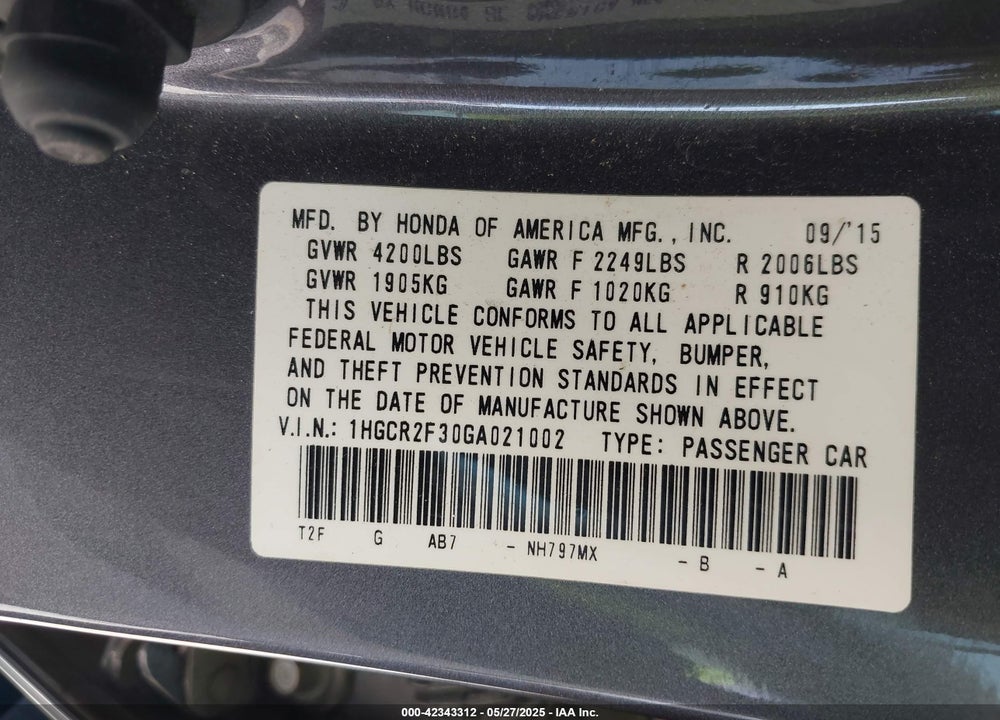 2016 HONDA ACCORD VIN: 1HGCR2F30GA021002