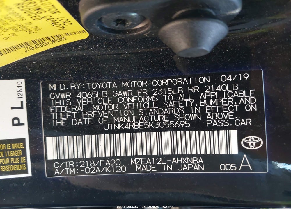 2019 TOYOTA COROLLA VIN: JTNK4RBE5K3055695