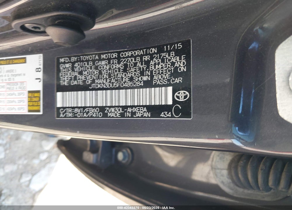 2015 TOYOTA PRIUS VIN: JTDKN3DU5F0485284