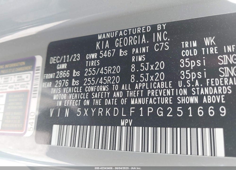 2023 KIA SORENTO VIN: 5XYRKDLF1PG251669