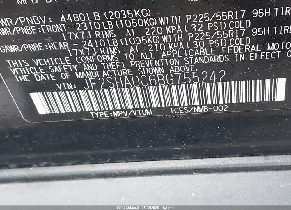 2011 SUBARU FORESTER 2.5X PREMIUM VIN: JF2SHADC6BG755242