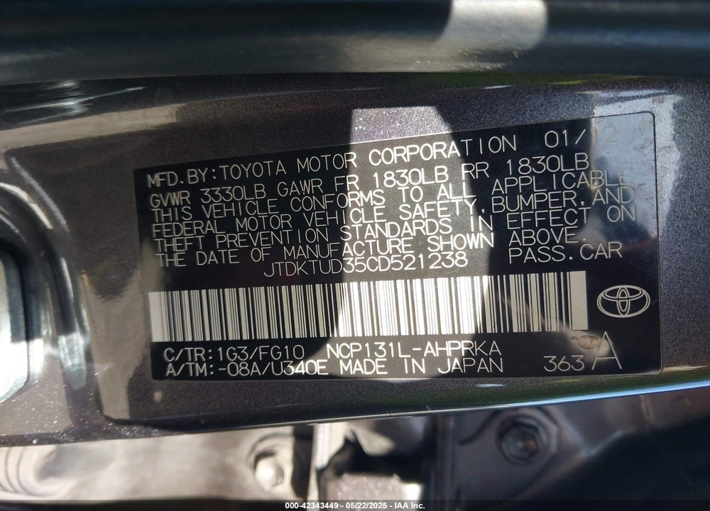 2012 TOYOTA YARIS L/LE/SE VIN: JTDKTUD35CD521238