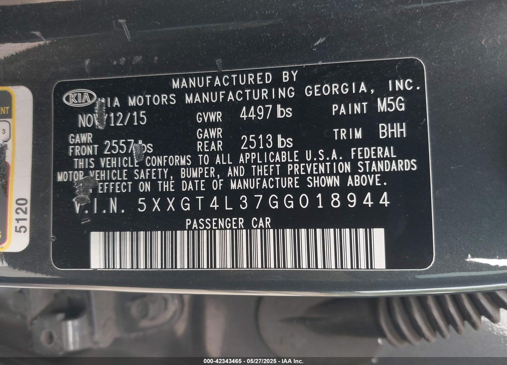 2016 KIA OPTIMA LX VIN: 5XXGT4L37GG018944