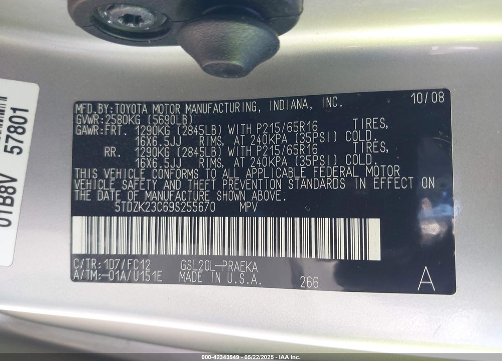 2009 TOYOTA SIENNA CE/LE VIN: 5TDZK23C69S255670