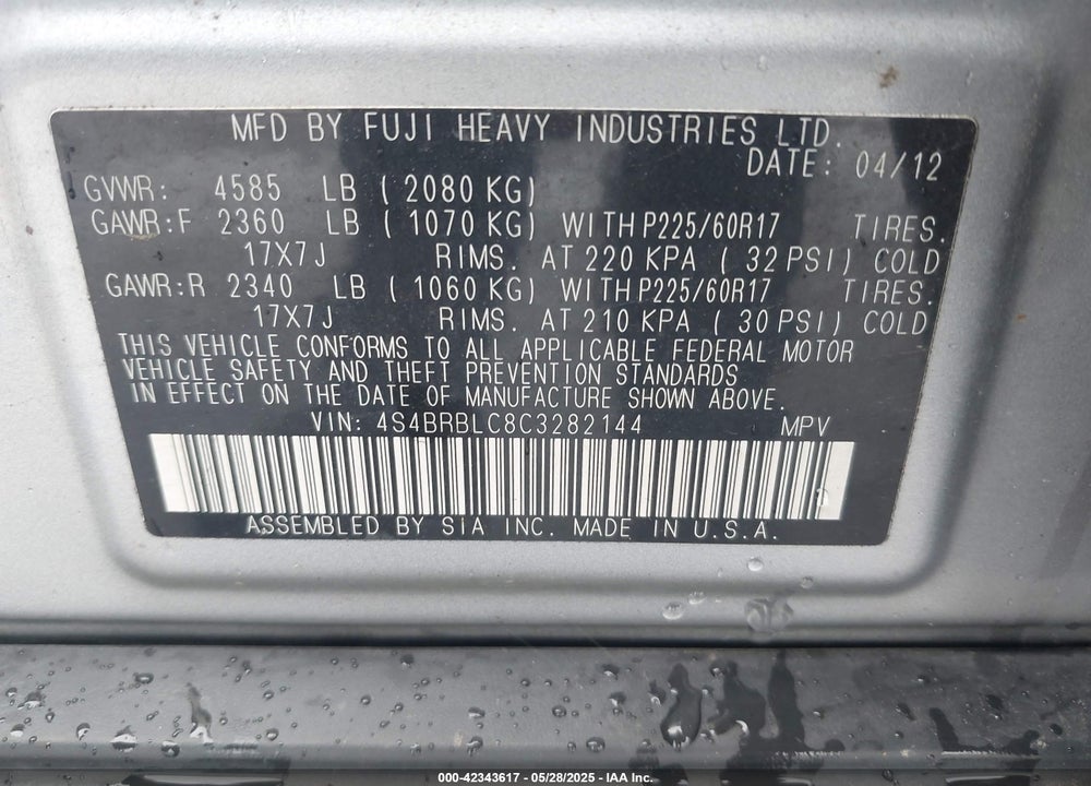 2012 SUBARU OUTBACK VIN: 4S4BRBLC8C3282144