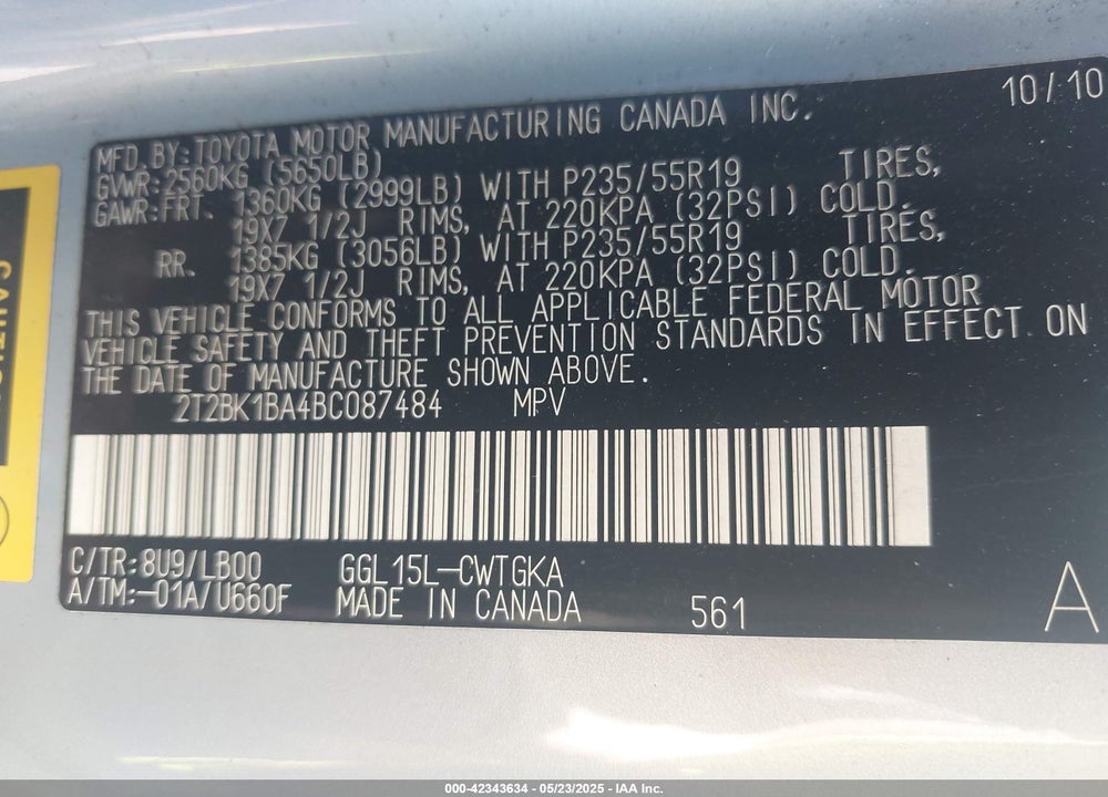 2011 LEXUS RX 350 VIN: 2T2BK1BA4BC087484