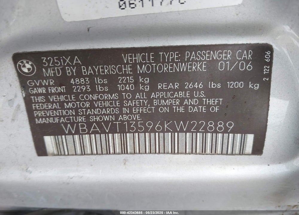 2006 BMW 325XIT VIN: WBAVT13596KW22889