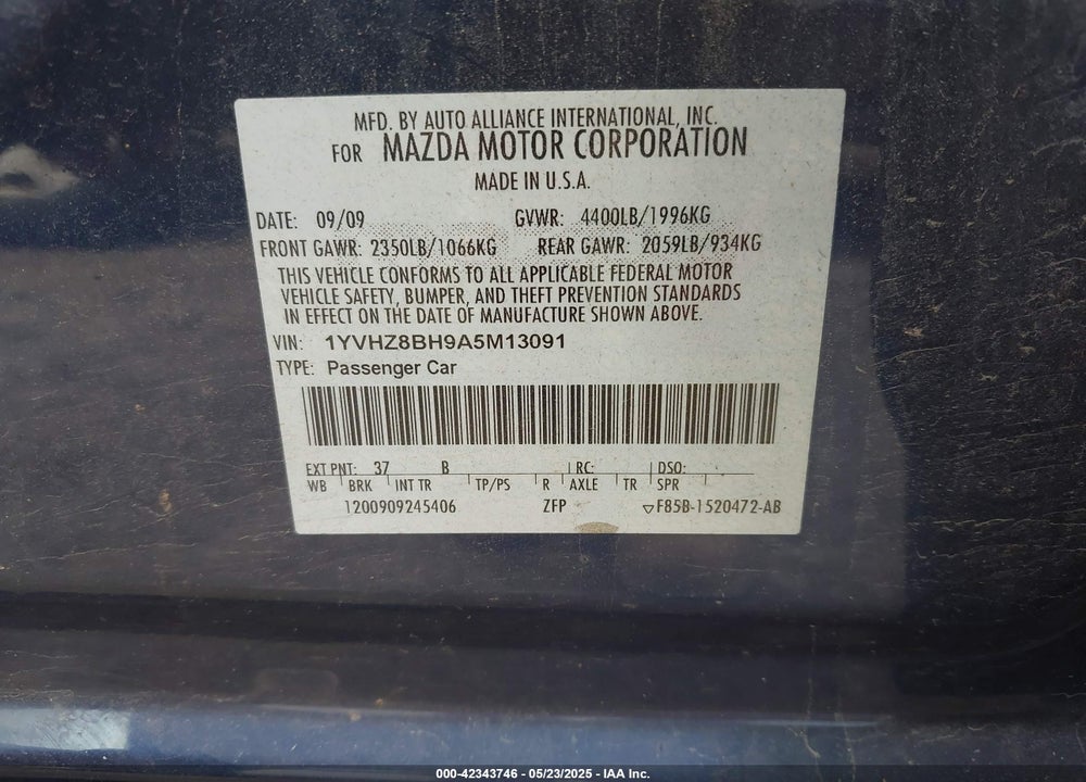 2010 MAZDA MAZDA6 VIN: 1YVHZ8BH9A5M13091