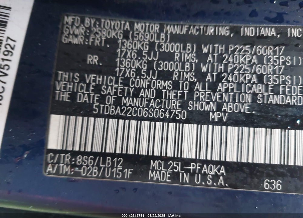 2006 TOYOTA SIENNA VIN: 5TDBA22C06S064750