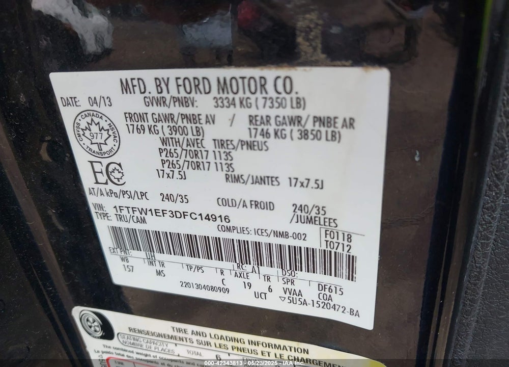 2013 FORD F-150 VIN: 1FTFW1EF3DFC14916