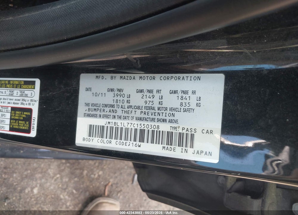 2012 MAZDA MAZDA3 VIN: JM1BL1L77C1550308