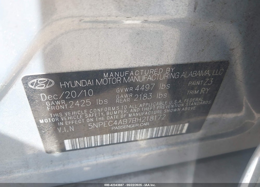 2011 HYUNDAI SONATA VIN: 5NPEC4AB7BH218172