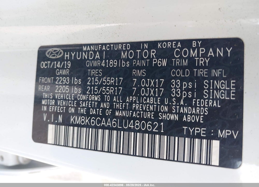 2020 HYUNDAI KONA VIN: KM8K6CAA6LU480621