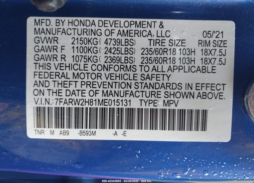 2021 HONDA CR-V AWD EX-L VIN: 7FARW2H81ME015131