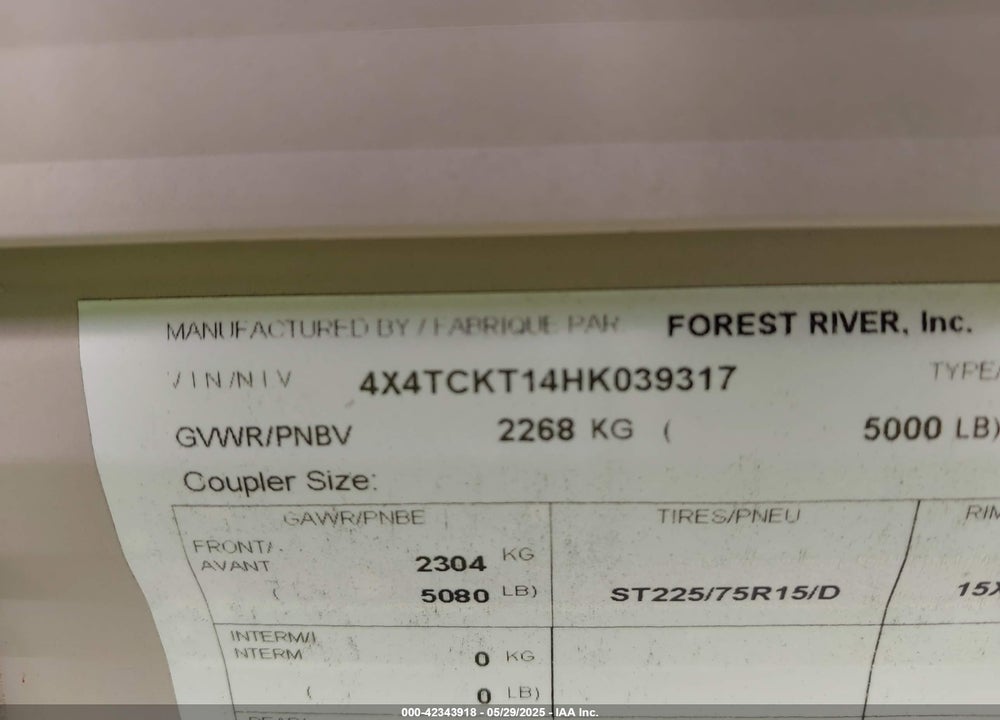2017 FOREST RIVER WOLF PUP 18TO VIN: 4X4TCKT14HK039317