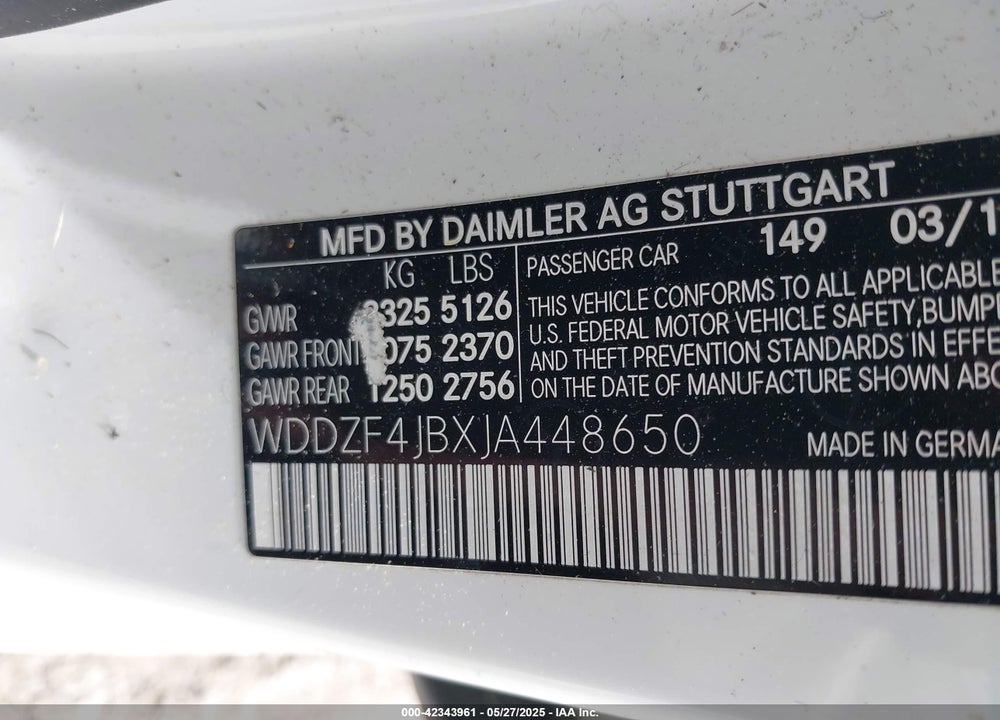 2018 MERCEDES-BENZ E-CLASS VIN: WDDZF4JBXJA448650