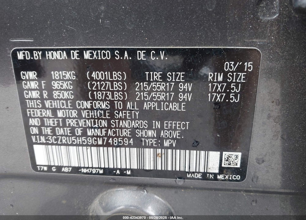 2016 HONDA HR-V EX VIN: 3CZRU5H59GM748594