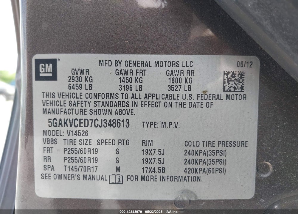 2012 BUICK ENCLAVE VIN: 5GAKVCED7CJ348613