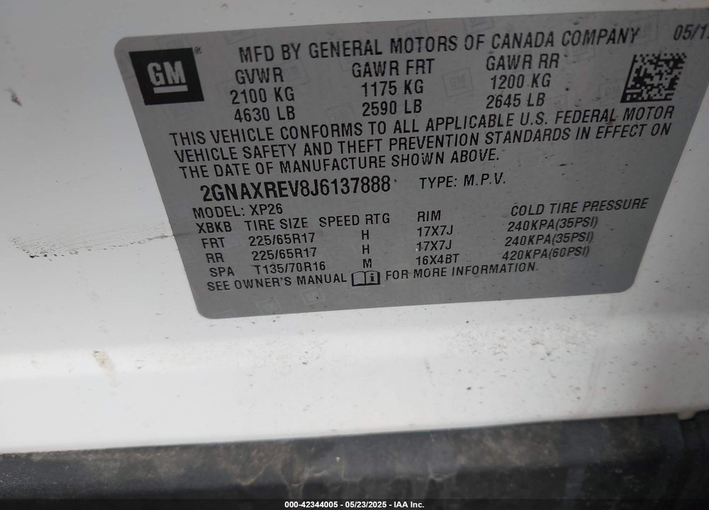 2018 CHEVROLET EQUINOX VIN: 2GNAXREV8J6137888
