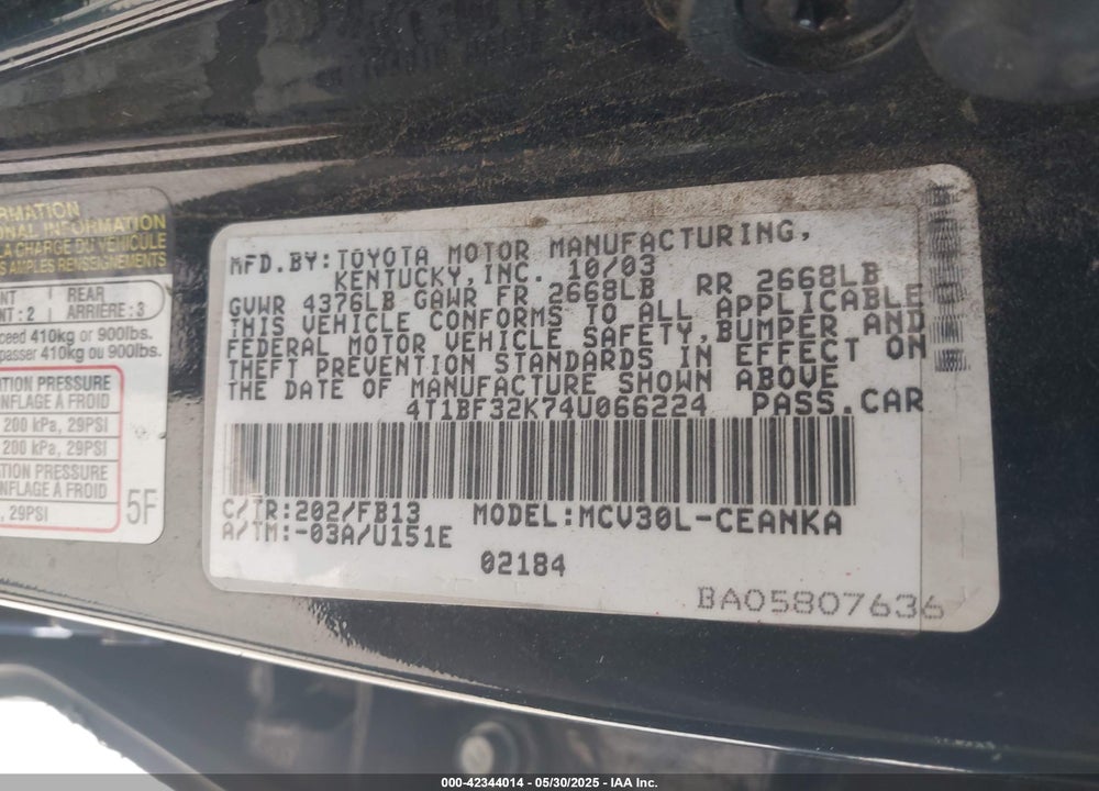 2004 TOYOTA CAMRY LE V6 VIN: 4T1BF32K74U066224