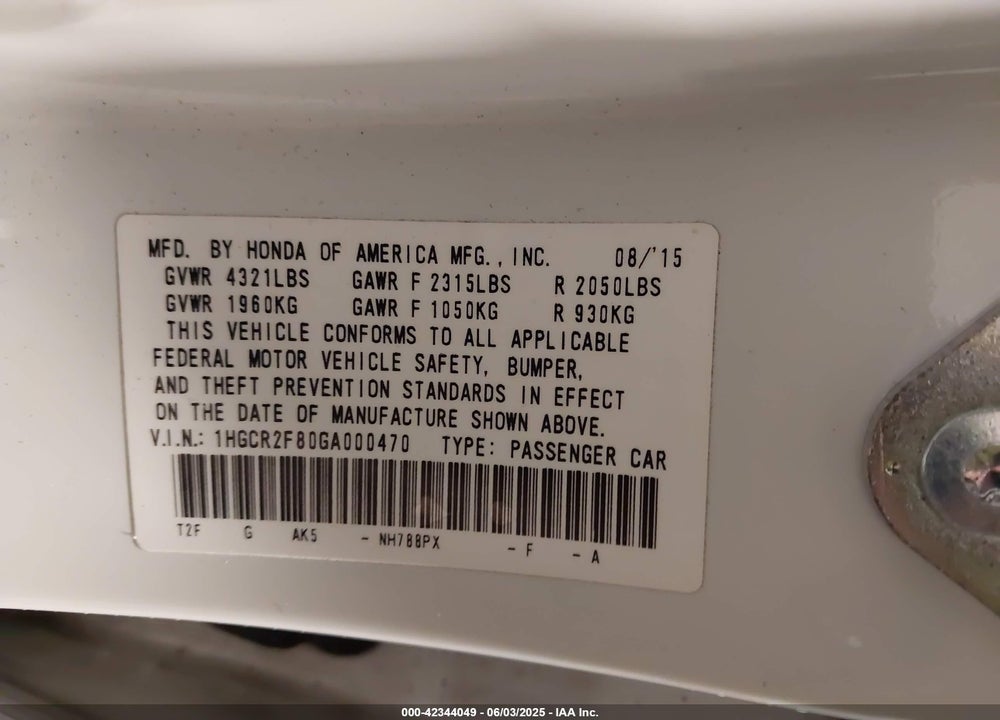 2016 HONDA ACCORD VIN: 1HGCR2F80GA000470