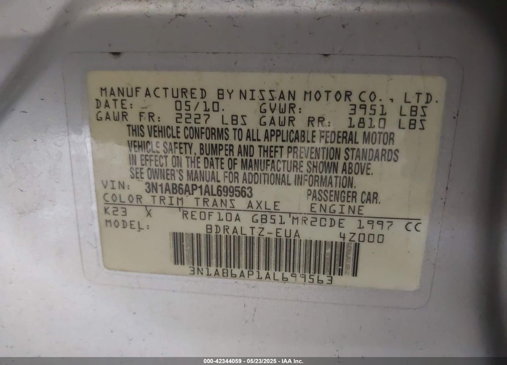 2010 NISSAN SENTRA 2.0SR VIN: 3N1AB6AP1AL699563