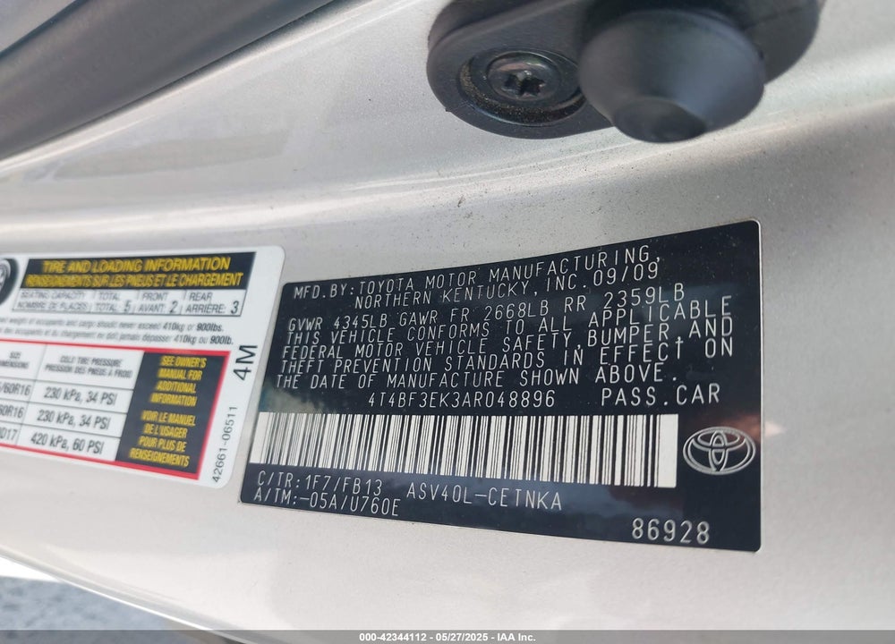 2010 TOYOTA CAMRY VIN: 4T4BF3EK3AR048896