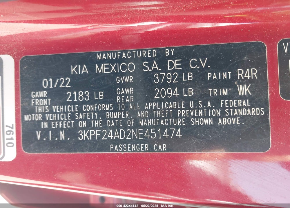 2022 KIA FORTE VIN: 3KPF24AD2NE451474