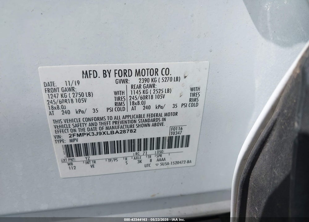 2020 FORD EDGE VIN: 2FMPK3J9XLBA28782
