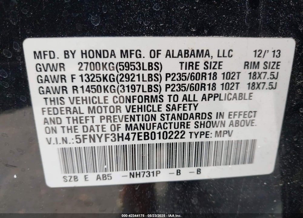 2014 HONDA PILOT VIN: 5FNYF3H47EB010222