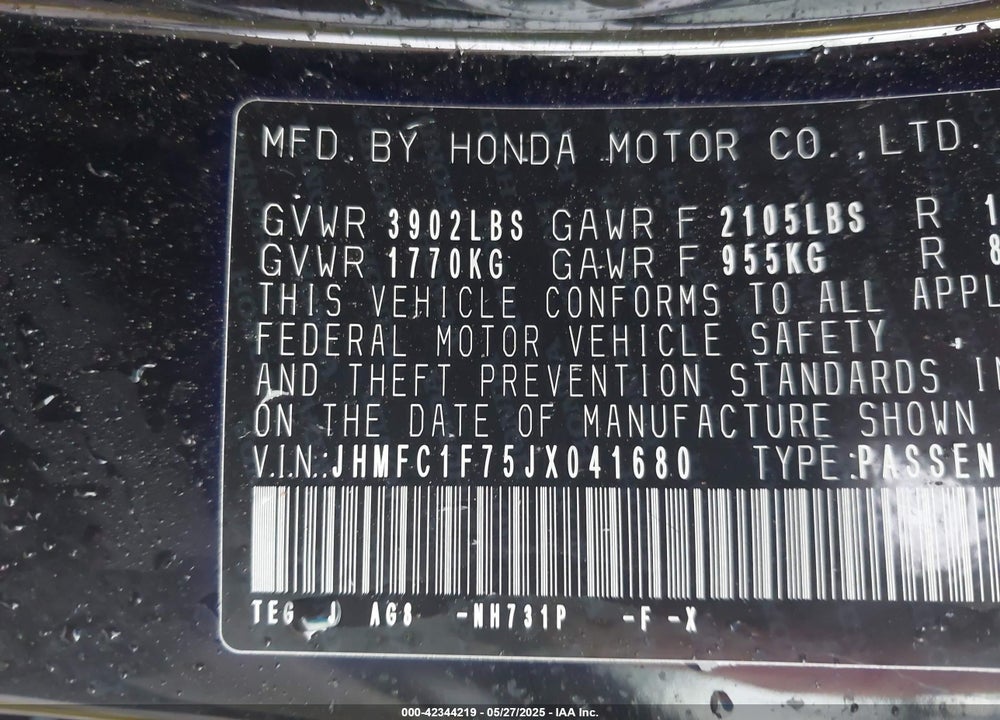 2018 HONDA CIVIC VIN: JHMFC1F75JX041680