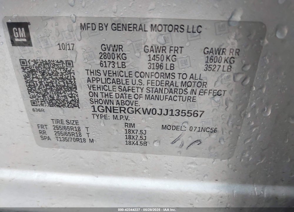 2018 CHEVROLET TRAVERSE VIN: 1GNERGKW0JJ135567
