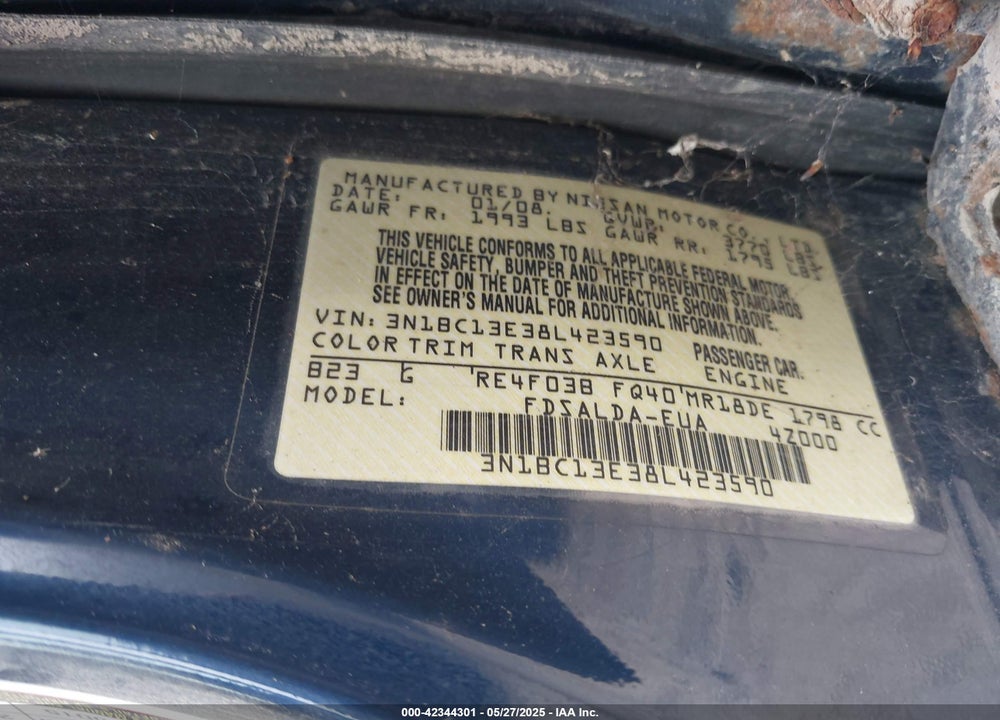 2008 NISSAN VERSA VIN: 3N1BC13E38L423590