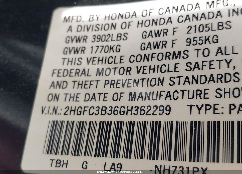 2016 HONDA CIVIC EX-T VIN: 2HGFC3B36GH362299