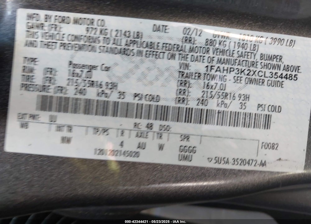 2012 FORD FOCUS SE VIN: 1FAHP3K2XCL354485