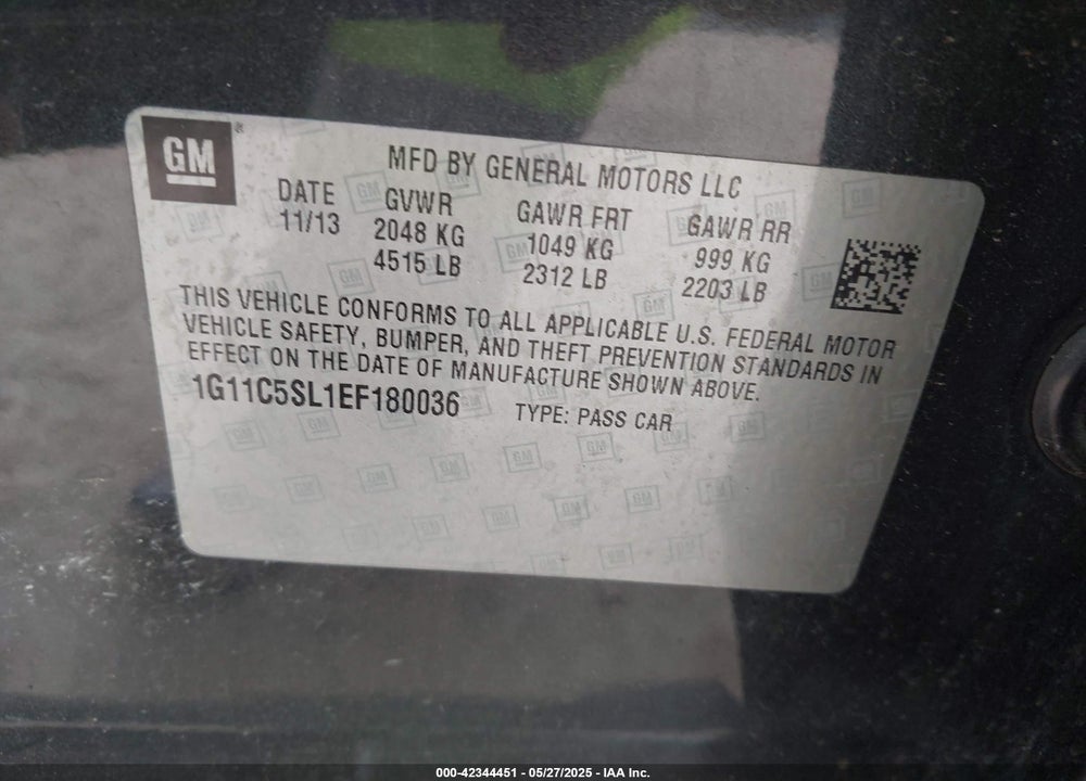 2014 CHEVROLET MALIBU VIN: 1G11C5SL1EF180036