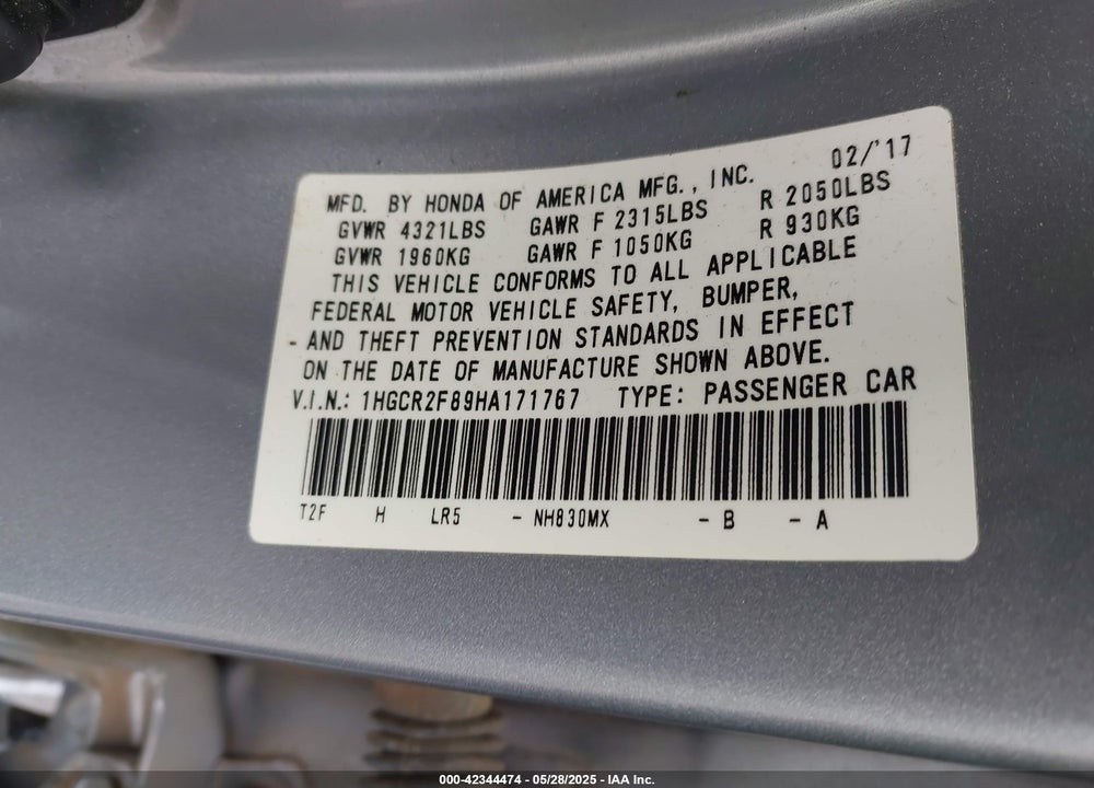 2017 HONDA ACCORD VIN: 1HGCR2F89HA171767